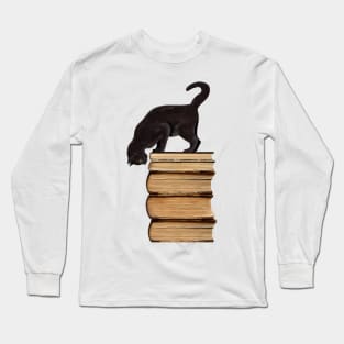 Curious Black Cat on Old Books for Literary Cat Lovers Long Sleeve T-Shirt